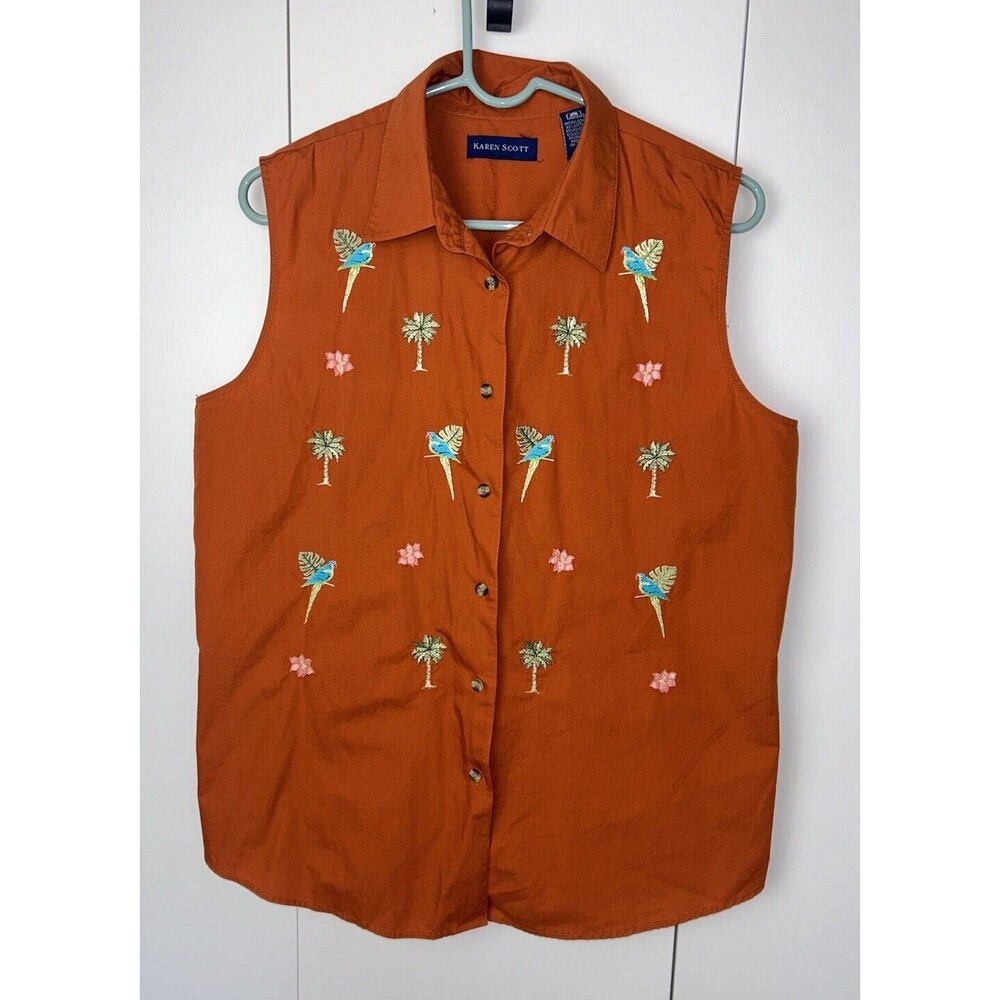Karen Scott Womens Button Up Shirt Sz L Embroidered Parrots & Palm Trees Orange